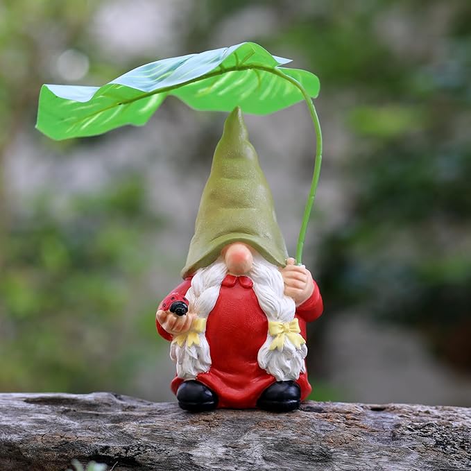 Garden Female Gnome Statue Decoration with Leaf Umbrella, 7.5” Figurine Ornament for Indoor Outdoor Home Patio Yard Lawn, for Gnome Lovers & Garden Enthusiasts，Mom，Women-HomvellaHome