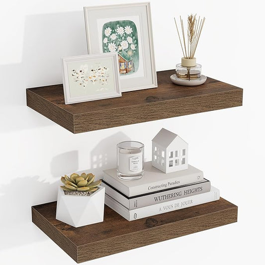 16 Inch Floating Shelves, 16"x9.25"x1.5" Inch Deep Floating Shelves for Wall, Wooden Shelves for Bathroom, Bedroom, Living Room, Brown-HomvellaHome