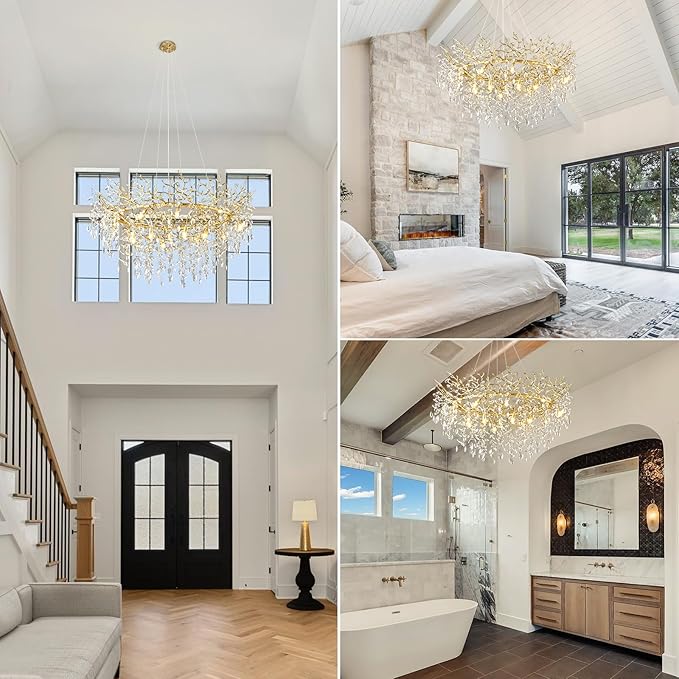 14-Light Modern Large Crystal Chandelier for Dining Room, 48" Round Gold Crystal Tree Branche Chandelier, Living Room Crystal Chandelier, Crystal Chandeliers for High Ceiling,Entryway,Foyer-HomvellaHome