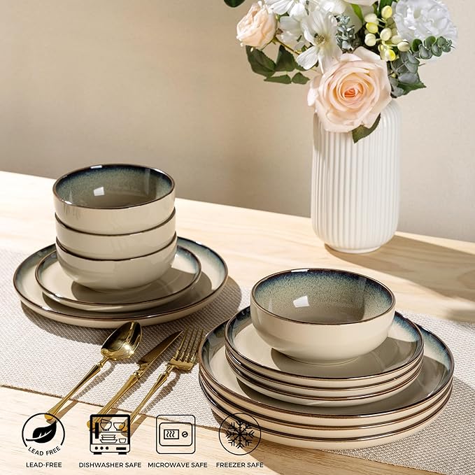 GBHOME Ceramic Dinnerware Sets for 4, 12 Pieces Stoneware Plates and Bowls Sets, Scratch Resistant Dishes, Dishwasher & Microwave Safe, Reactive Glaze-Gravel-HomvellaHome