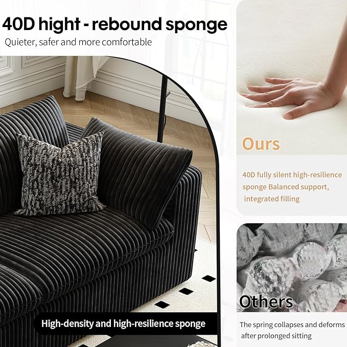118" Cloud Couch Modular Sectional Sofa for Living Room,Modern Sofa with Deep Seat，3 Seater Boneless Couch,Comfy Upholstered Corduroy Couches for Apartment, Studio, Office,Bedroom，Black-HomvellaHome