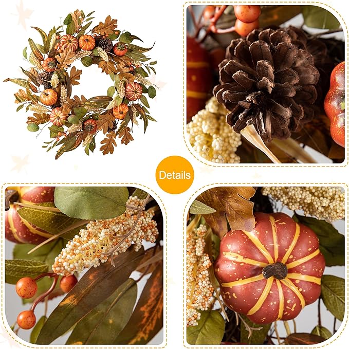 Glitzhome 24''D Fall Pumpkin Leaf Floral Wreath Decor, Artificial Harvest Door Wreath for Autumn or Thanksgiving Decoration-HomvellaHome