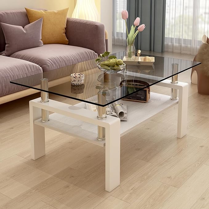 Glass Coffee Table Rectangle Living Room Center Table, with Gray Tempered Glass Tabletop and White MDF Layer,for Living Room and Office, Gray+White-HomvellaHome
