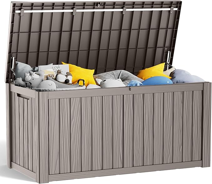 150 Gallon Resin Deck Box, Lockable Patio Outdoor Storage Box for Furniture, Garden Tools and Tools Storage, Waterproof Outside Storage Boxes - Grey-HomvellaHome