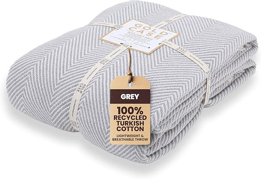 Gold Case Throw Blanket for Bed – 100% Recycled Turkish Cotton Bed Blanket – Decorative Throw Cotton Blankets for Living Room & Bedroom – Woven Twin Blankets - 71x90 - Elegant Grey-HomvellaHome