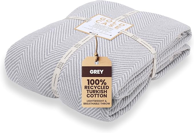 Gold Case Throw Blanket for Bed – 100% Recycled Turkish Cotton Bed Blanket – Decorative Throw Cotton Blankets for Living Room & Bedroom – Elegant Grey Woven Queen Blankets – 90x90-HomvellaHome