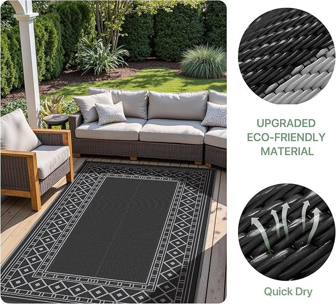GENIMO Outdoor Rug Waterproof 6'x9' for Patio, Foldable Reversible Plastic Straw Carpet for Travel Trailers, Outside Area Mat for Rv, Deck, Picnic, Porch, Camper, Balcony, Beach, Black & Grey-HomvellaHome