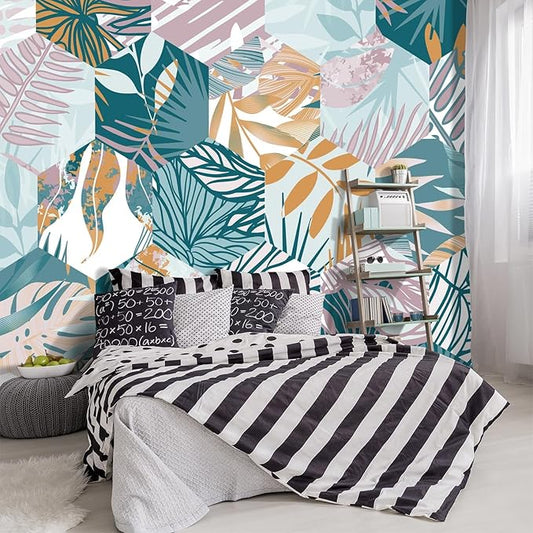 -Abstract Geometry Botanical Banana Leaf Fabric Wallpaper Living Room Bedroom Bathroom Tropical Plant Leaf Large Wall Mural- 160"x108"（ not Peel and Stick）