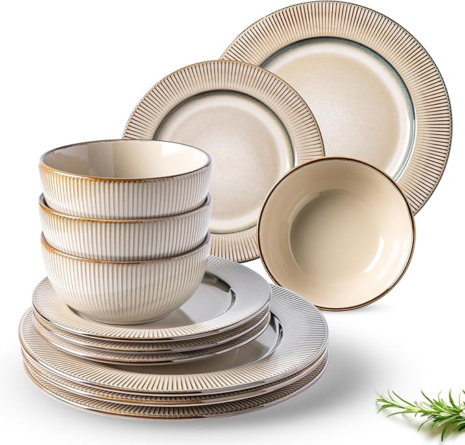 GBHOME Ceramic Dinnerware Sets,12 pcs Embossed Elegant Stoneware Plates and Bowls Sets, Housewarming Wedding Gift | Dishwasher & Microwave Safe | Dishes Set Service for 4-HomvellaHome