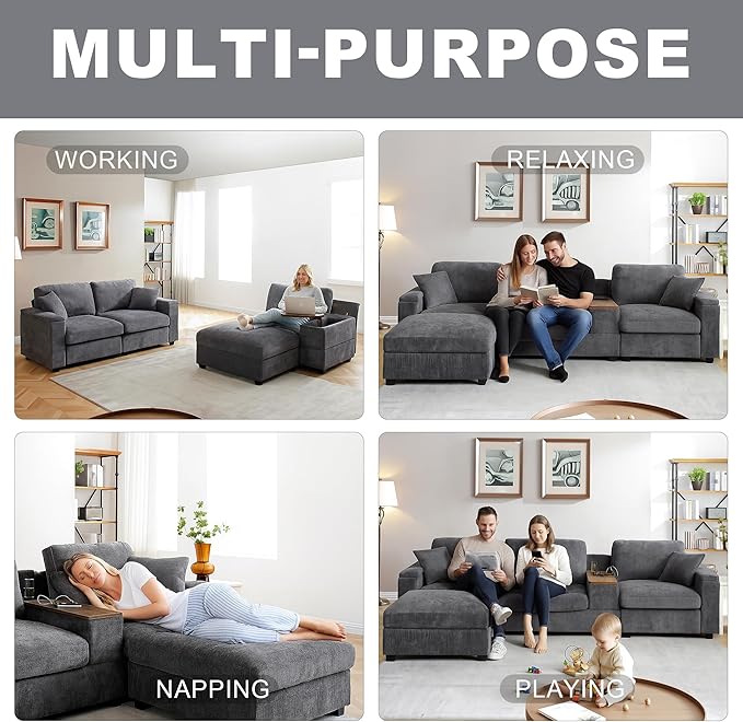 120.3" Modern L-Shaped Sectional Sofa with 360°Swivel Drop-Down Table, Storage Armrest, USB Ports & Movable Storage Ottoman – Plush Linen Cloud Couch for Lounge (Grey)-HomvellaHome