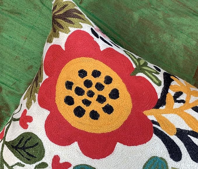 Lumbar Cream Suzani Cushions - Boho Floral Throw Pillows | Outdoor Pillows & Chair Cushions - Hand Embroidered Wool Size - 14x20-HomvellaHome