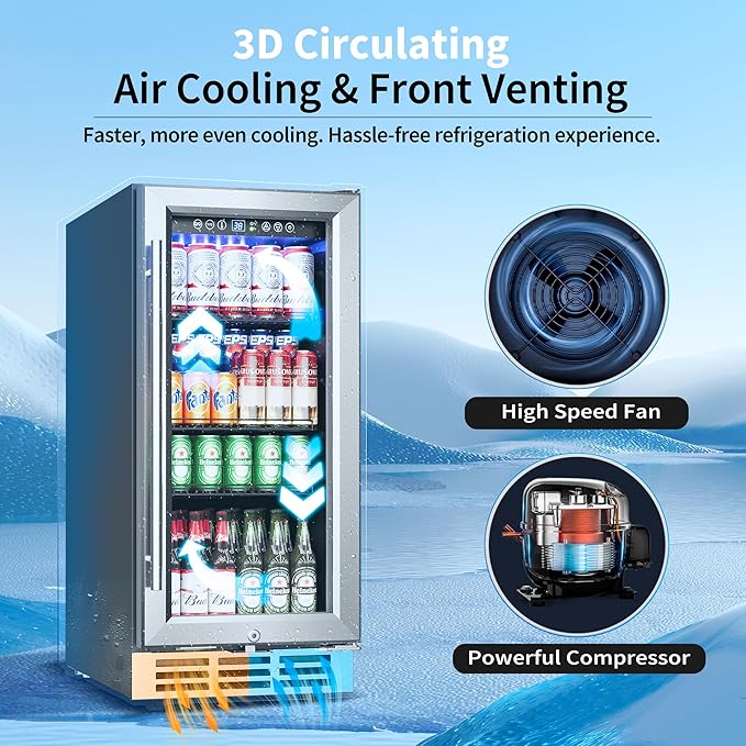 15 Inch Beverage Refrigerator Under Counter - 126 Cans Beverage Fridge with Glass Door for Beer Wine Soda - Built-in or Freestanding Wine Cooler with Safety Lock for Home Kitchen Bar-HomvellaHome