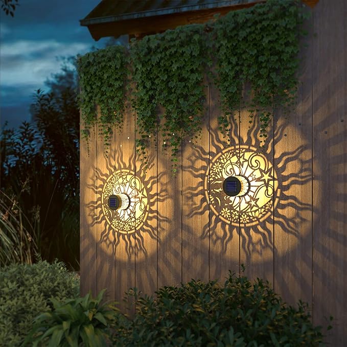 2 Pack Solar Fence Lights Metal Solar Powered Outdoor Wall Deck Lights Sun Moon Theme Waterproof Fence Light for Garden Post Patio Backyard Yard Decor (Face, 2 Pack)-HomvellaHome