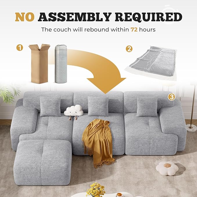 122" Modern L Shaped Modular Sectional Sofa, Boneless Couches for Living Room with Ottoman,4 Seater Convertible Chenille Cloud Couch Sofa Set, No Assembly Required, Light Grey 1 PCS-HomvellaHome