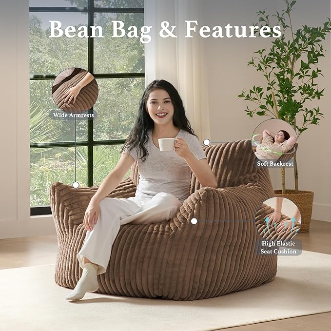Giant Plush Bean Bag Chair for Adults with Armrests - Oversized Comfy Khaki Beanbag Lounge Lazy Floor Sofa Chair for Living Room, Bedroom & Dorm, Cozy Fluffy Single Cloud Mini Couch-HomvellaHome