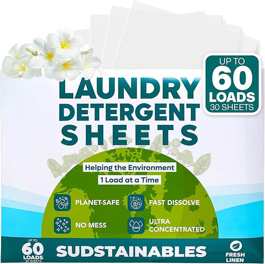 Sudstainables Laundry Detergent Sheets (60 Loads) – Eco-Friendly, Zero Waste, Plastic-Free Laundry Washing Machines Soap Sheets; Dissolvable, Space-Saving Strips for Travel (Fresh Linen)