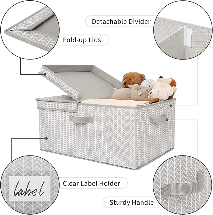 GRANNY SAYS Closet Storage Bins with lids, Fabric Storage Box with Lid, Clothes Bins Storage for Closet, Shelf Baskets for Living Room Wardrobe Shelves, Jumbo, Gray/White, 1-Pack-HomvellaHome