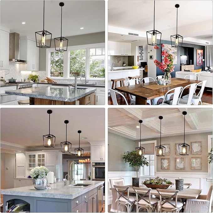 1-Light Black Pendant Light Fixture Farmhouse Iron Cage Metal Pendant Light Lantern Hanging Light Fixtures with Clear Glass Shade for Kitchen Island, Entryway, Dining Room, Hallway 5.9*5.9*8.27IN-HomvellaHome