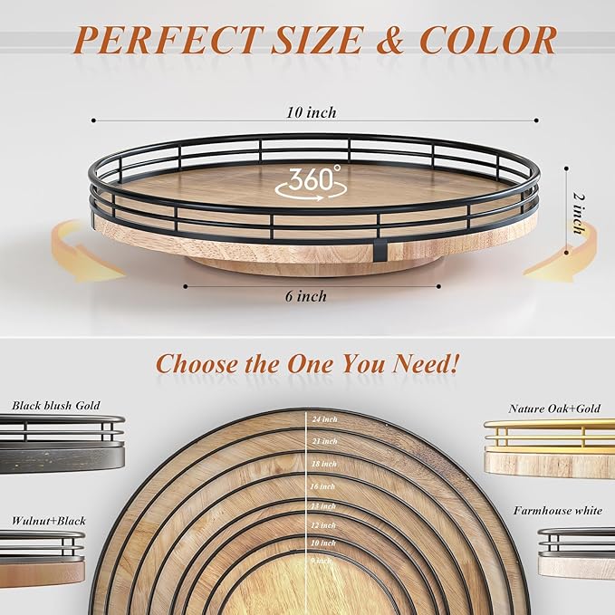 10" Lazy Susan Oak Wood Turntable Organizer for Cabinet, Round Wooden Farmhouse Lazy Susan Organization and Storage for Dining Table, Pantry, Kitchen, Countertop, Cupboard,Home Decor-HomvellaHome