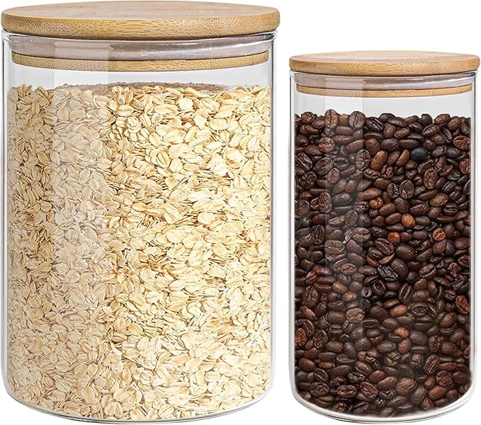 Glass Storage Jars Set Elegant Containers with Airtight Bamboo Lids, Perfect for Kitchen Organization - Flour, Rice, Pasta, Sugar, Coffee Beans, Accessories Included (2 packs(37oz / 110oz))-HomvellaHome