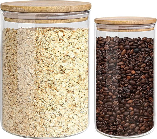 Glass Storage Jars Set Elegant Containers with Airtight Bamboo Lids, Perfect for Kitchen Organization - Flour, Rice, Pasta, Sugar, Coffee Beans, Accessories Included (2 packs(37oz / 110oz))-HomvellaHome