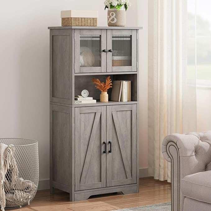 GarveeHome 54in Tall Bathroom Cabinet, Farmhouse Storage Cabinet with Glass Doors and Adjustable Shelves, Freestanding Kitchen Pantry Cabinets, Cupboard for Living Room, Dining Room, Gray-HomvellaHome