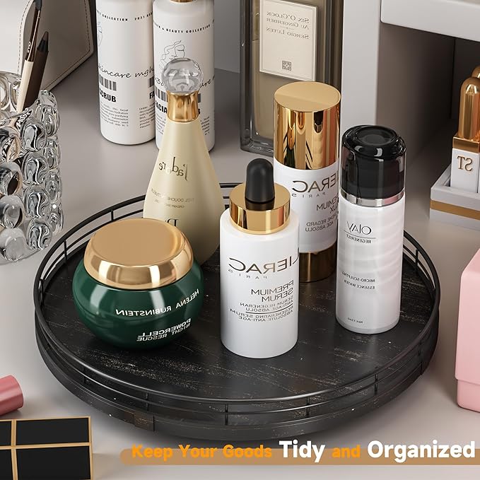 12" Oak Bathroom Vanity Tray Turntable for Perfume Candle, Round Wooden Decorative Tray for Kitchen Sink Countertop Organizer, Bathroom Counter Organizer for Skincare Makeup, Farmhouse Black Gold-HomvellaHome