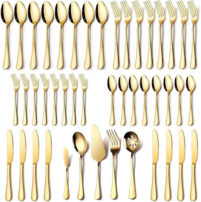 Gold Silverware Set for 8, OGORI 45-Piece Stainless Steel Flatware Set with Serving Set, Mirror Polished Cutlery Set with Serving Utensils Spoon for Kitchen Party Supply-HomvellaHome