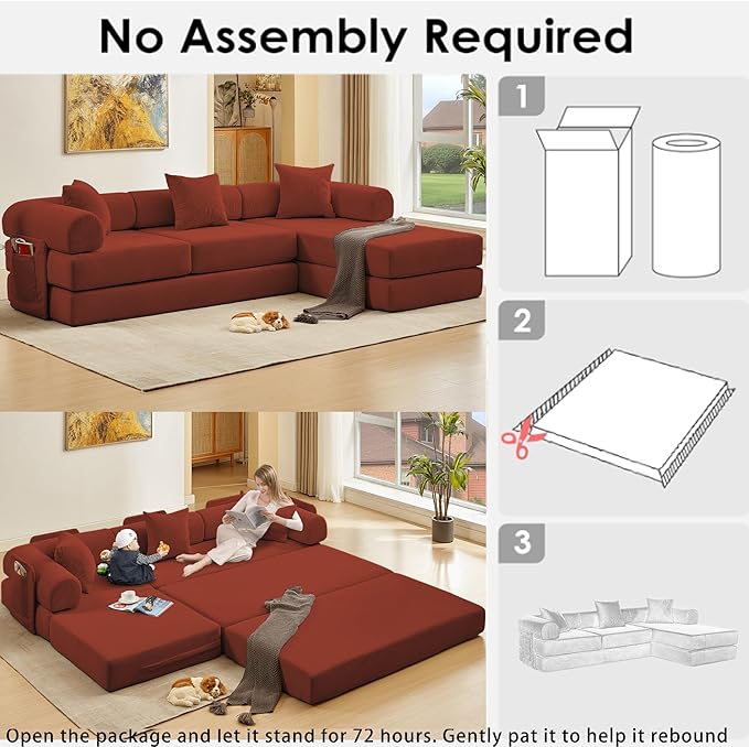 107" Oversized Convertible Sleeper Sofa Bed, Corduroy L Shape Sectional Couch, Folding Sofa Bed with Side Pocket, Modern Cloud Floor Mattress Couch, Modular Sofa for Living Room, Red-HomvellaHome