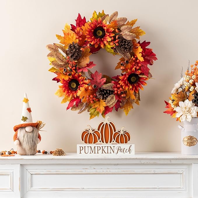 Glitzhome 24''D Fall Wreath with Hanger, Artificial Autumn Wreath for Front Door with Sunflower, Pinecone and Berry, Harvest Wreaths Decor for Indoor Outdoor Holiday Decoration-HomvellaHome