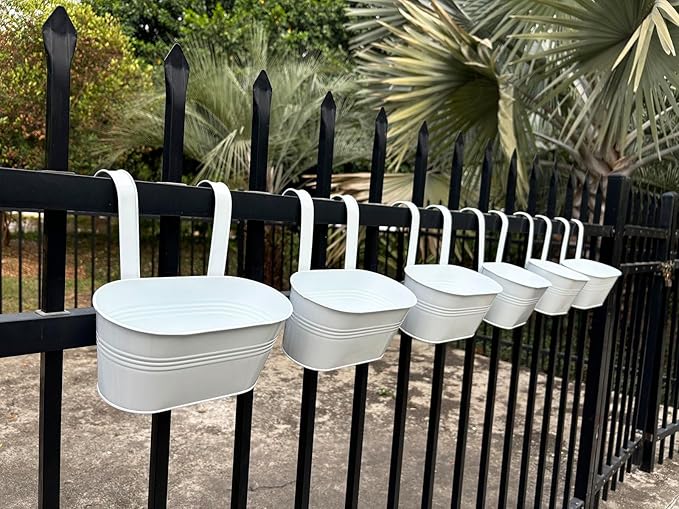 10" Hanging Flower Pots, Pack of 8 White Metal Outdoor Patio Balcony Planter, Railing Planters Fence Pot with Detachable Hook & Drainage Hole for Small Plants (White, 8Pcs)-HomvellaHome