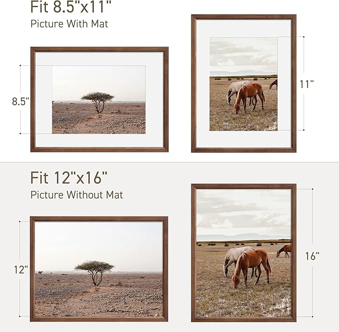 12x16 Picture Frame Set of 4 Natural Solid Walnut Photo Frames with 8.5x11 Removable Mat Wall Hanging Large Handcrafted Frame with HD Plexiglass Wall and Tabletop Display Large Poster Frame-HomvellaHome