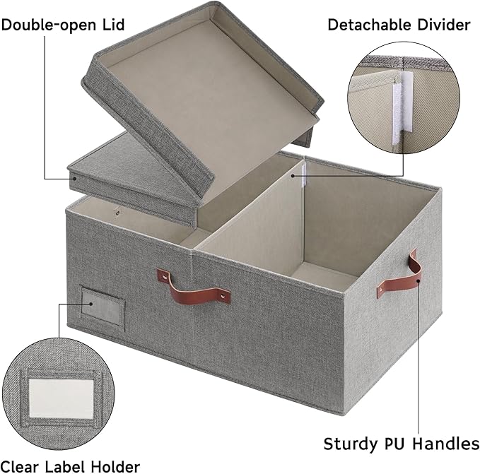 GRANNY SAYS Large Storage Bins With Lids, Decorative Boxes, Fabric Containers With Double-Open Lid and Divider, Collapsible Clothes Organizers, 63L Linen for Closet, Dark Gray-HomvellaHome