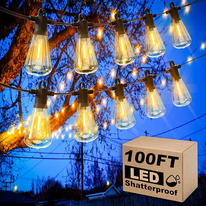 100FT Outdoor String Lights, LED Patio Lights with 50+3 ST38 Vintage Edison Shatterproof Bulbs, IP65 Weatherproof Outside Hanging Lights for Backyard Bistro Cafe Garden(50FTx2)-HomvellaHome