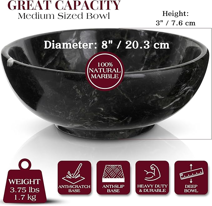 Gusto Nostro 8" Luxury Black Marble Decorative Bowl for Coffee Table - Elegant Modern Fruit Bowl for Kitchen Counter - Heavy Stone Entryway Catch all for Keys, Jewelry, Potpourri Holder Centerpiece-HomvellaHome