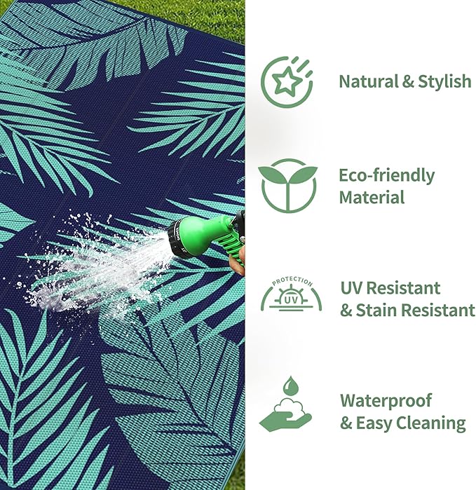 GENIMO Outdoor Rug 6' x 9' Waterproof for Patios Clearance, Reversible Outdoor Plastic Straw Camping Rug Carpet, Large Area Rugs Mats for RV, Camper, Deck, Balcony, Porch, Beach, Navy Blue&Jade Green-HomvellaHome
