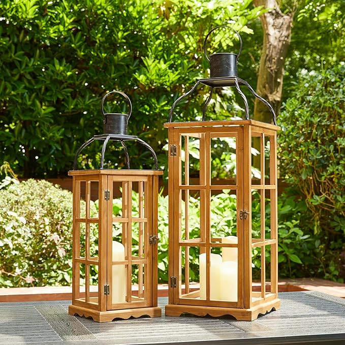 Glitzhome Set of 2 Oversized Farmhouse Wood Lanterns with Metal Top Decorative Hanging Candle Lanterns for Home Décor, Natural (No Glass)-HomvellaHome