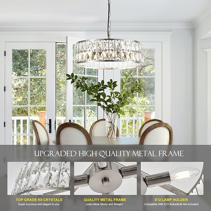 16” 4-Light Modern Crystal Chandeliers Nickel Dinning Room Light Fixture, Round Pendant Light Kitchen Island Chandelier, Flush Mount Ceiling Light for Living Room Entryway Bedroom Foyer-HomvellaHome