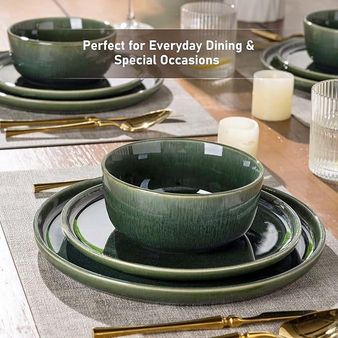 GBHOME Ceramic Dinnerware Sets for 6, 18 Pieces Stoneware Plates and Bowls Sets, Reactive Glaze Dishes -Scratch Resistant, Dishwasher&Microwave Safe, Earth Green-HomvellaHome