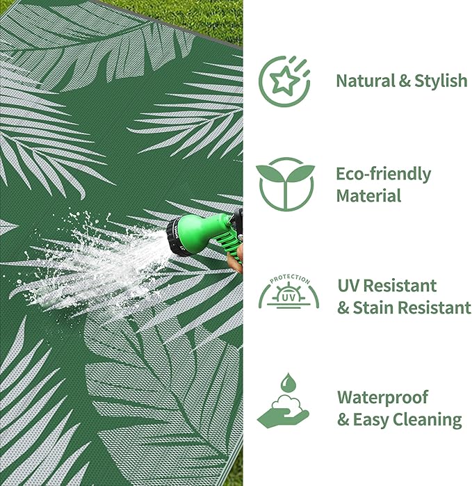 GENIMO Outdoor Rug 6' x 9' Waterproof for Patios Clearance, Reversible Plastic Straw Camping Carpet, Large Area Rugs Mats for RV, Picnic, Backyard, Deck, Balcony, Porch, Beach, Green&Grey-HomvellaHome