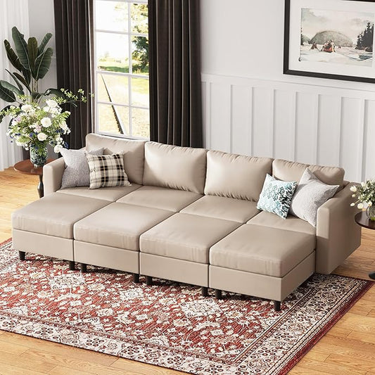 118.5" Luxury Modular Sleeper Sofa Bed with Storage Seat, 8 Seat Sectional Couch Deep Seat with Reversible Chaises & Removable Cover - Whitesand Faux Leather-HomvellaHome