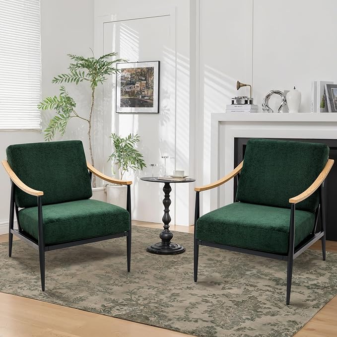 Modern Accent Chairs Set of 2 for Living Room Bedroom Mid Century Arm Chairs Upholstered Office Accent Chairs Comfy Waiting Room Chairs with Metal Frame, Green-HomvellaHome