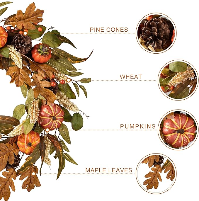 Glitzhome 24''D Fall Pumpkin Leaf Floral Wreath Decor, Artificial Harvest Door Wreath for Autumn or Thanksgiving Decoration-HomvellaHome