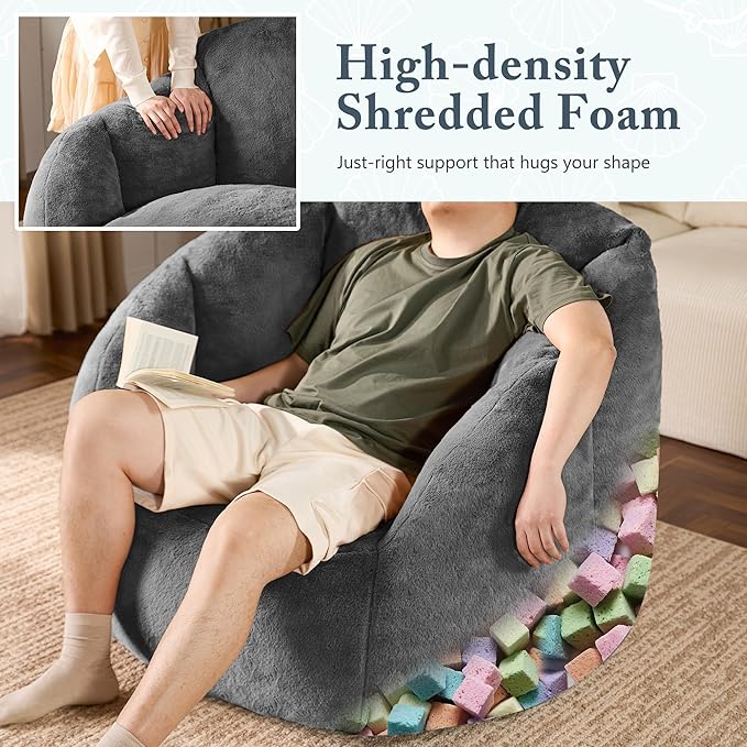 Giant Bean Bag Chair for Adults - Comfy Plush Round Shell Soft Accent Chair, Oversized Cozy Lounge Floor Sofa Reading Chair, Mini Couch for Living Room, Bedroom & Game Rooms, Gray-HomvellaHome