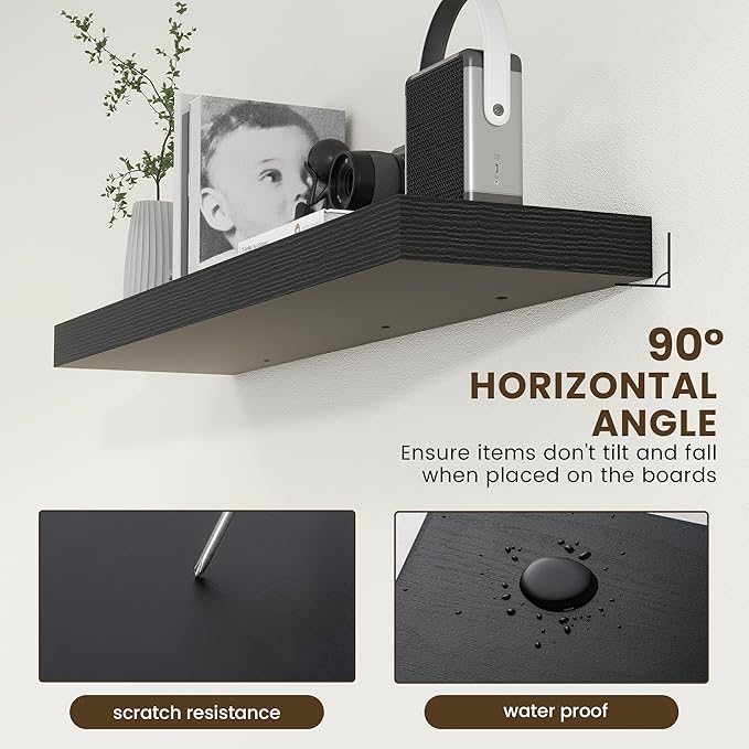 12'' Deep Floating Shelves, 48 Inch Large Floating Shelf Black, Deep Wall Shelves for Living Room Bathroom Laundry Room Bedroom Kitchen Home Office - Black-HomvellaHome