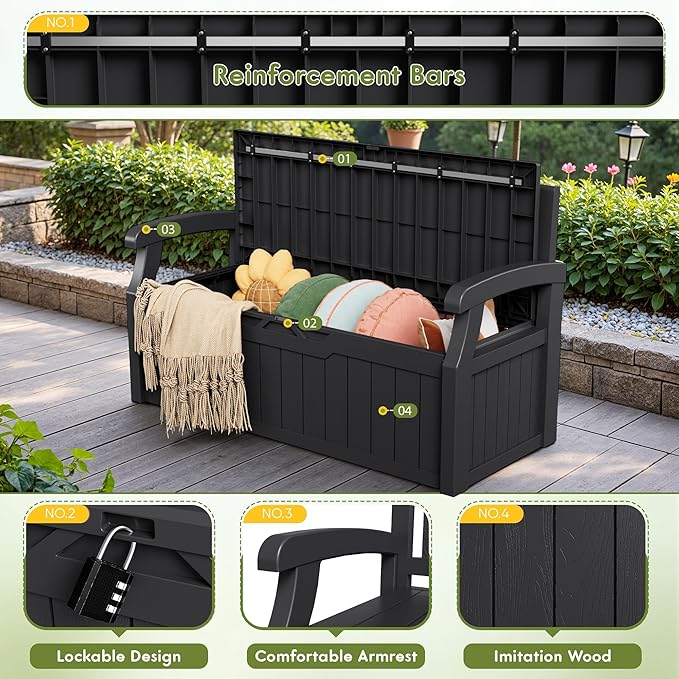 Greesum 80 Gallon Storage Bench Outdoor Deck Box with Armrest, Patio Furniture,Lockable, Waterproof and UV Resistant, Suitable for Garden, Pool, Black-HomvellaHome