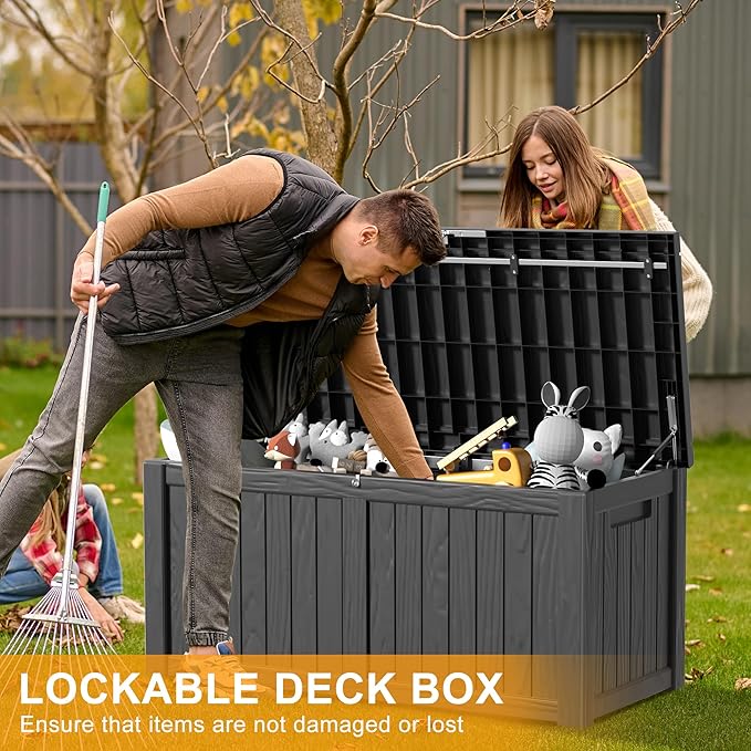 120 Gallon Deck Box,Resin Outdoor Storage Box with Lockable for Patio Furniture, Pool Accessories, Garden Tools Waterproof Outside Storage Box, Black-HomvellaHome