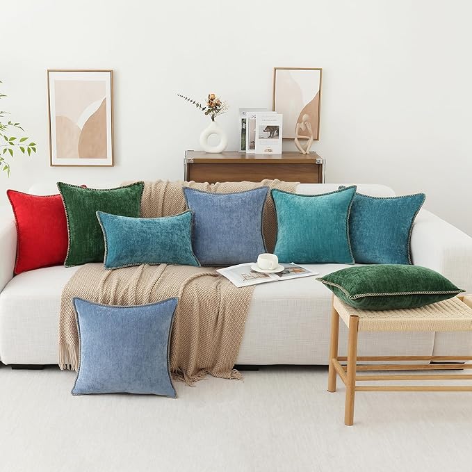 decorUhome Chenille Soft Throw Pillow Covers 18x18 Set of 2, Farmhouse Velvet Neutral Decorative Euro Pillow Covers with Stitched Edge for Couch Sofa Bed Home Decor, Red-HomvellaHome