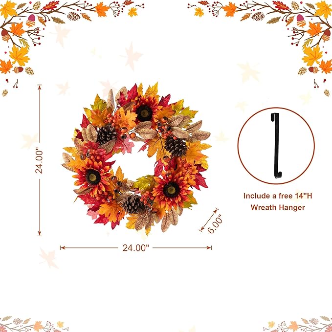 Glitzhome 24''D Fall Wreath with Hanger, Artificial Autumn Wreath for Front Door with Sunflower, Pinecone and Berry, Harvest Wreaths Decor for Indoor Outdoor Holiday Decoration-HomvellaHome
