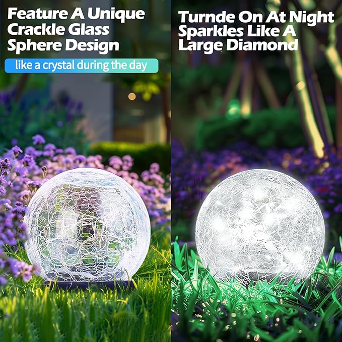 Garden Solar Ball Lights Outdoor Waterproof, 80 LED Cracked Glass Globe Solar Power Ground Lights for Path Yard Patio Lawn, Outdoor Decoration Landscape White (2 Pack 5.9'')-HomvellaHome